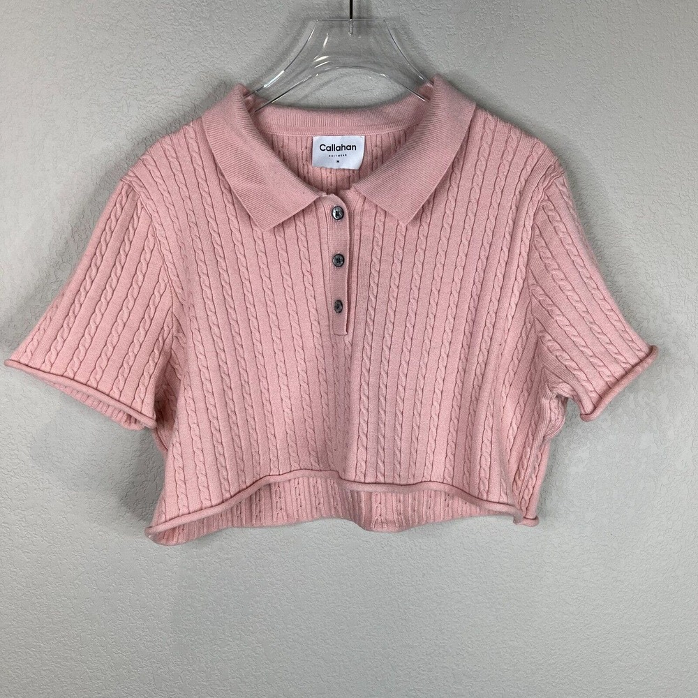 Callahan Daisy Polo Cropped Top Size Medium Gossamer Pink Cable Knit Boxy Shirt
